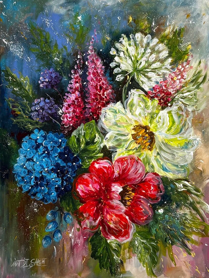 Madi Salehi (Untitled - Floral) Signed Original Acrylic: Offered here is an original Acrylic on Canvas by Madi Salehi: "Madi Salehi (Untitled - Floral) Signed Original Acrylic". This one-of-a-kind piece, measuring 40 x 30 x 1 inch, is a rare opportunity