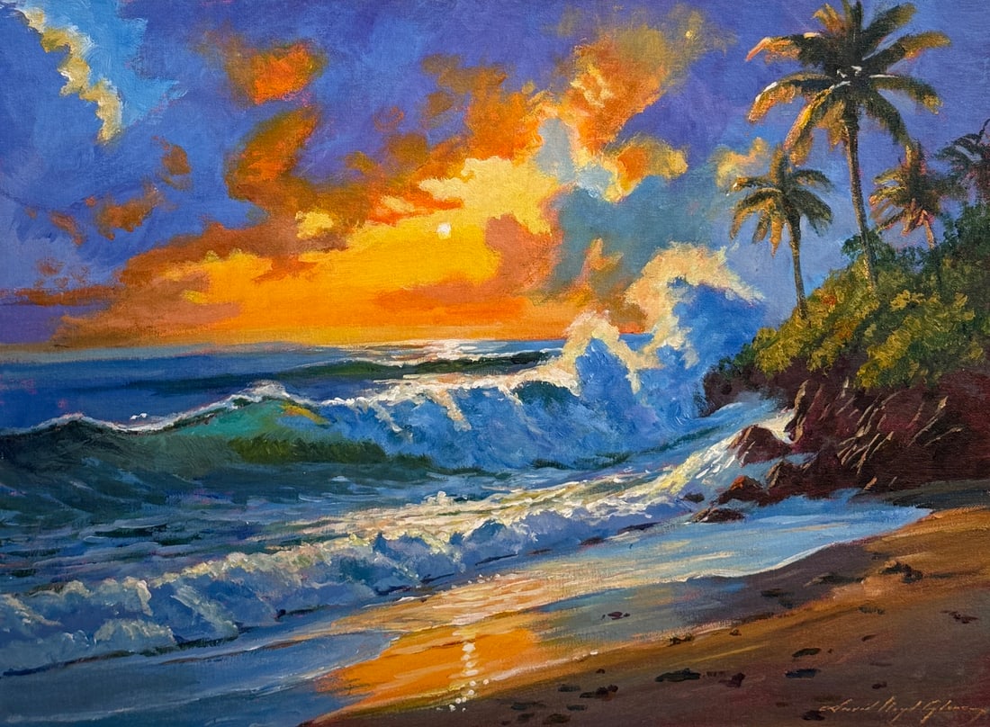 David Lloyd Glover "Windward Beach Sunset" Signed Original Acrylic: Offered here is an original Original Acrylic on Canvas Board by David Lloyd Glover: "David Lloyd Glover "Windward Beach Sunset" Signed Original Acrylic". This one-of-a-kind piece, measuring 18 x 24 x