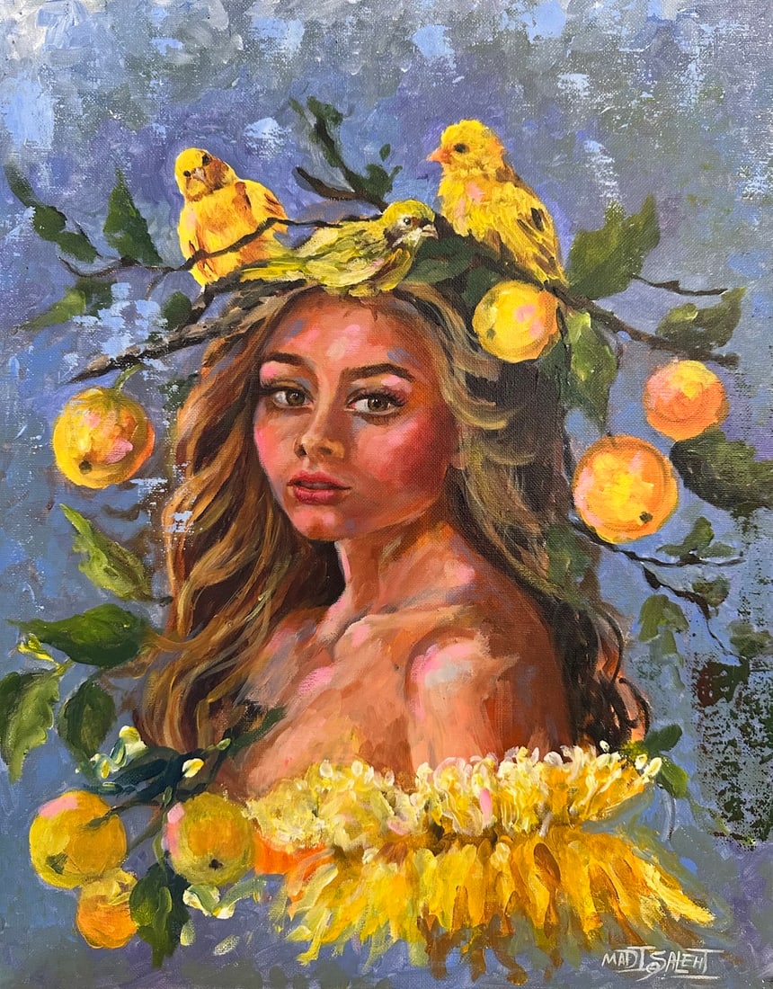 Madi Salehi "Portrait Of A Lady With Yellow Birds" Original acrylic on canvas board: Offered here is an original Original acrylic on canvas board by Madi Salehi: "Madi Salehi "Portrait Of A Lady With Yellow Birds" Original acrylic on canvas board". This one-of-a-kind piece, measuring