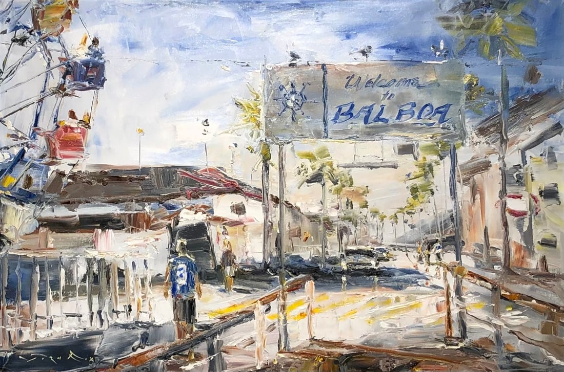 Jorn Fox "Welcome to Balboa" Signed Original Oil: Offered here is an original Oil on Canvas by Jorn Fox: "Jorn Fox "Welcome to Balboa" Signed Original Oil". This one-of-a-kind piece, measuring 24 x 36 x 2 inch, is a rare opportunity for collectors to
