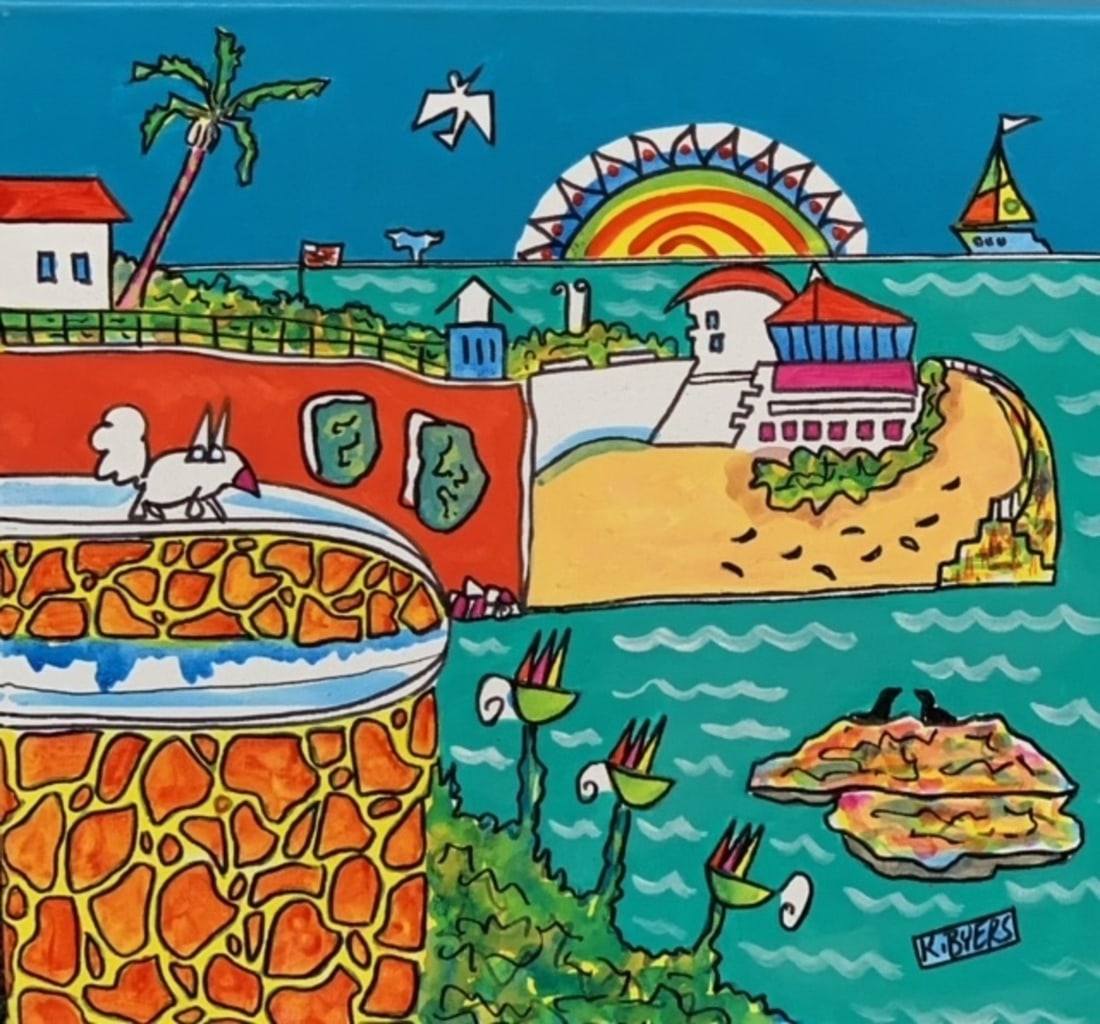 Kimm Byers "Childrens Pool" Signed Original Acrylic: Offered here is an original Original Acrylic on Canvas by Kimm Byers: "Kimm Byers "Childrens Pool" Signed Original Acrylic". This one-of-a-kind piece, measuring 14 x 14 x 2 inch, is a rare