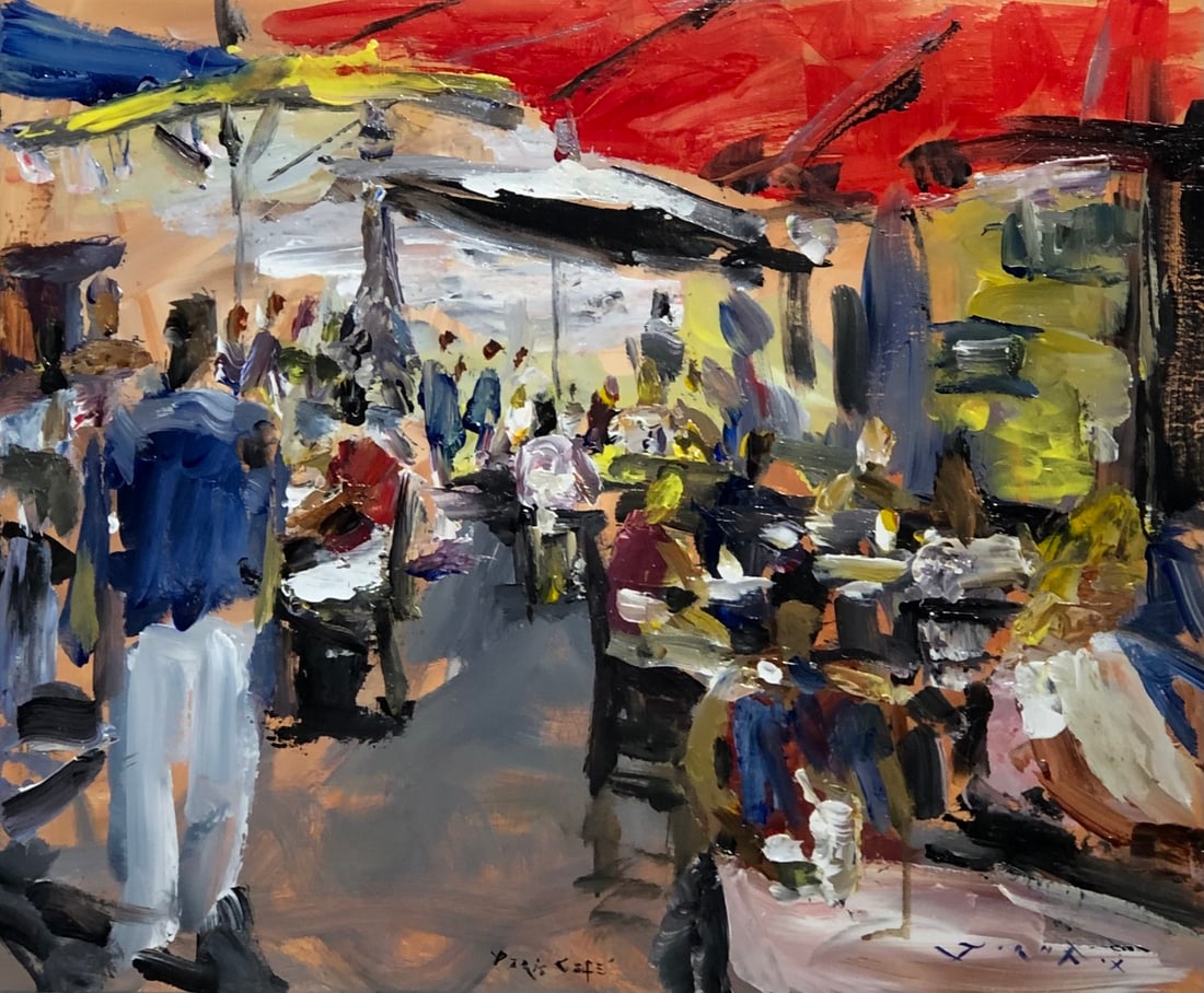 Jorn Fox "Paris Cafe" Signed Original Acrylic: Offered here is an original Acrylic on Canvas Board by Jorn Fox: "Jorn Fox "Paris Cafe" Signed Original Acrylic". This one-of-a-kind piece, measuring 20 x 24 x 2 inch, is a rare opportunity for