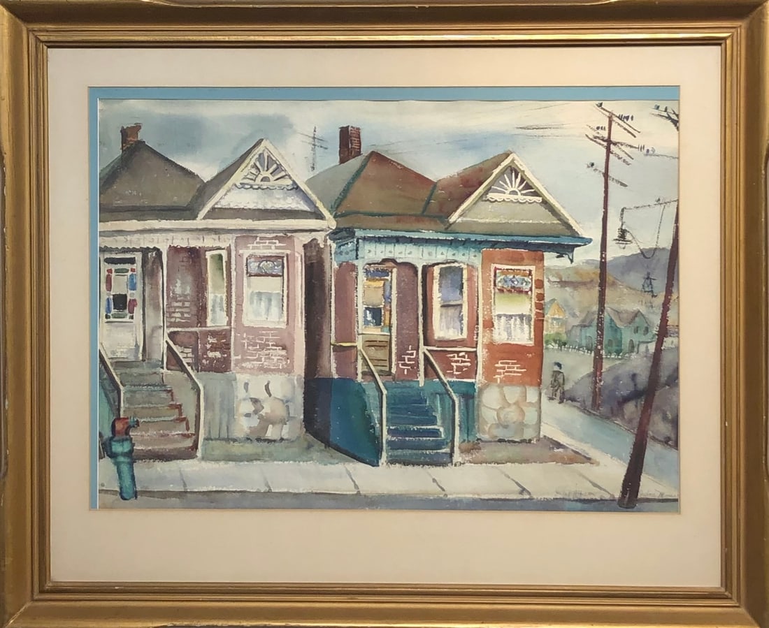 Julon Moser "L.A. Houses" Signed Original Watercolor: Offered here is an original Watercolor on Paper by Julon Moser: "Julon Moser "L.A. Houses" Signed Original Watercolor". This one-of-a-kind piece, measuring 29 x 35 x 2 inch, is a rare opportunity for 