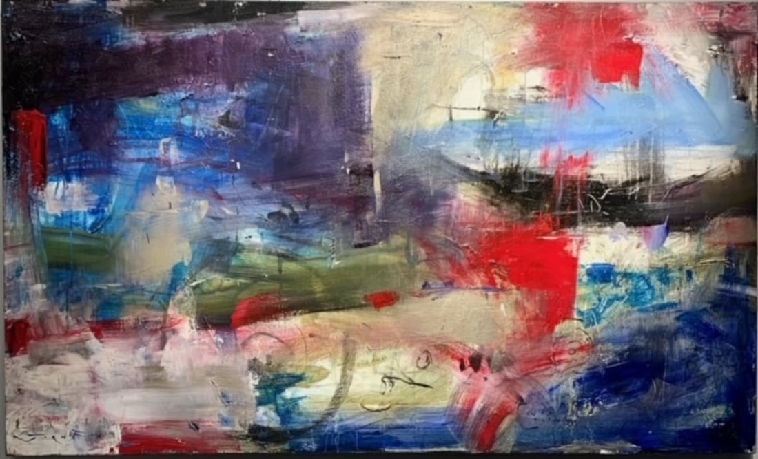 Jorn Fox Abstract Signed Original Oil and Acrylic: Offered here is an original Original Oil and Acrylic on Canvas with 1 1/2" Museum Bars by Jorn Fox: "Jorn Fox Abstract Signed Original Oil and Acrylic". This one-of-a-kind piece, measuring 36 x 60 x 2