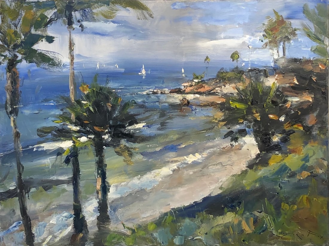 Jorn Fox (Impressionist - Diver's Cove, Laguna Beach) Signed Original Oil: Offered here is an original Oil on Canvas by Jorn Fox: "Jorn Fox (Impressionist - Diver's Cove, Laguna Beach) Signed Original Oil". This one-of-a-kind piece, measuring 30 x 40 x 1 inch, is a rare