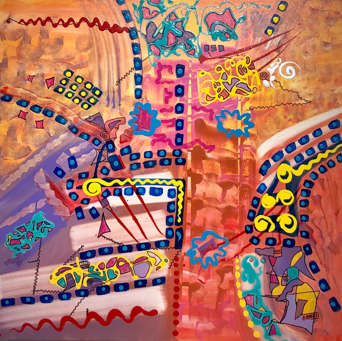Kimm Byers "The Road at the End of the Rainbow" Signed Original Acrylic - Abstract: Offered here is an original Acrylic on Canvas by Kimm Byers: "Kimm Byers "The Road at the End of the Rainbow" Signed Original Acrylic - Abstract". This one-of-a-kind piece, measuring 36 x 36 x 2 inch,