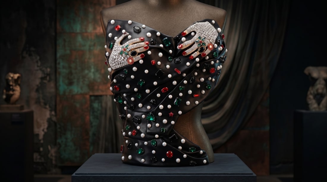Mercedes Brunelli "Royal Hands" Fabric, Resin, Rhinestones, Pearls, Crystals: Presenting this Mercedes Brunelli Sculpture: "Mercedes Brunelli "Royal Hands" Fabric, Resin, Rhinestones, Pearls, Crystals". This piece, measuring 13 x 12 inch, is available at auction on LiveAuctione