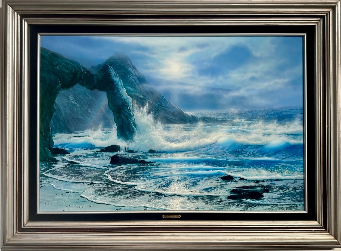 Raymond Page "Rainbow Arch Blue" Signed Original Oil on Masonite: Offered here is an original Oil on Masonite by Raymond Page: "Raymond Page "Rainbow Arch Blue" Signed Original Oil on Masonite". This one-of-a-kind piece, measuring 34 x 45 x 2.5 inch, is a rare