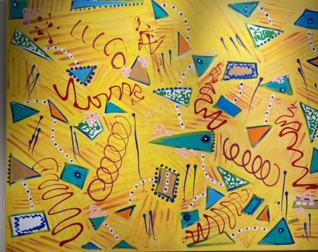 Kimm Byers "Happy GPS" Signed Original: Offered here is an original Acrylic on Canvas by Kimm Byers: "Kimm Byers "Happy GPS" Signed Original". This one-of-a-kind piece, measuring 48 x 60 x 2 inch, is a rare opportunity for collectors to acq