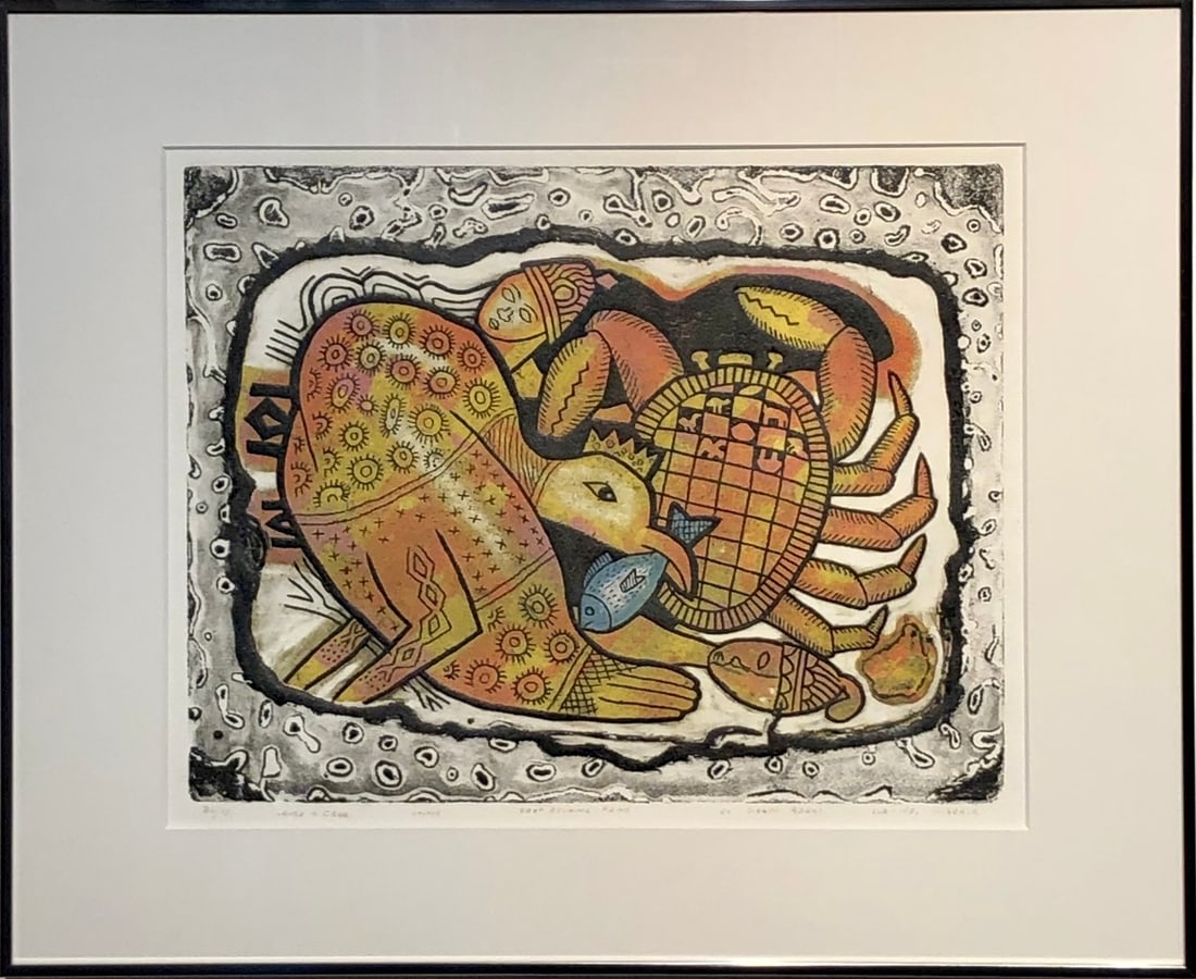 Segun Adeku "Bird and Crab" Signed Embossed Etching LE: Presenting a limited edition Embossed Etching by Segun Adeku: "Segun Adeku "Bird and Crab" Signed Embossed Etching LE". This Embossed Etching (Edition: 37/75), measuring 18 x 22 x 2 inch, is a