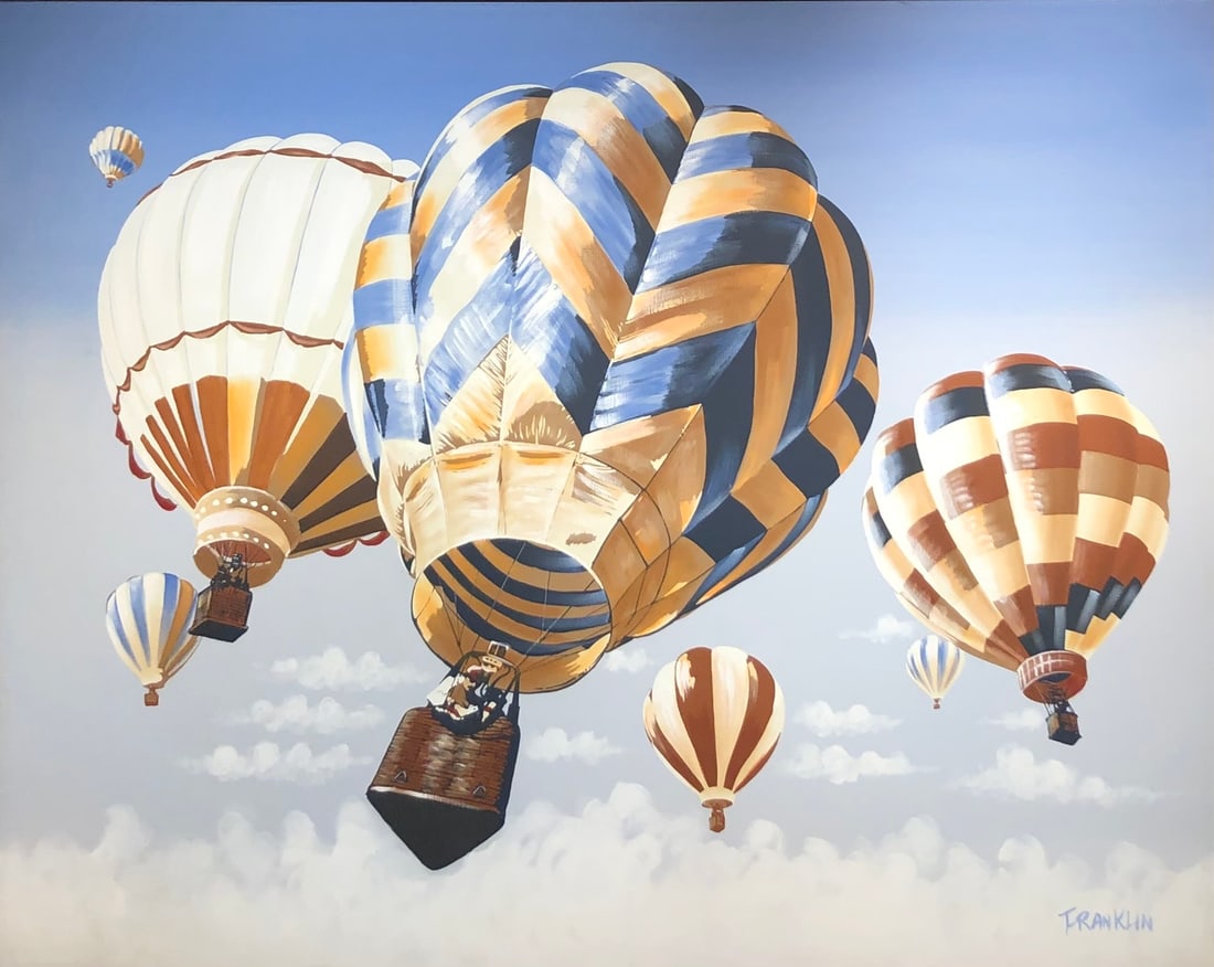 Franklin (Hot Air Balloons) Signed Original Oil: Offered here is an original Oil on Canvas by Franklin: "Franklin (Hot Air Balloons) Signed Original Oil". This one-of-a-kind piece, measuring 48 x 60 x 2 inch, is a rare opportunity for collectors to
