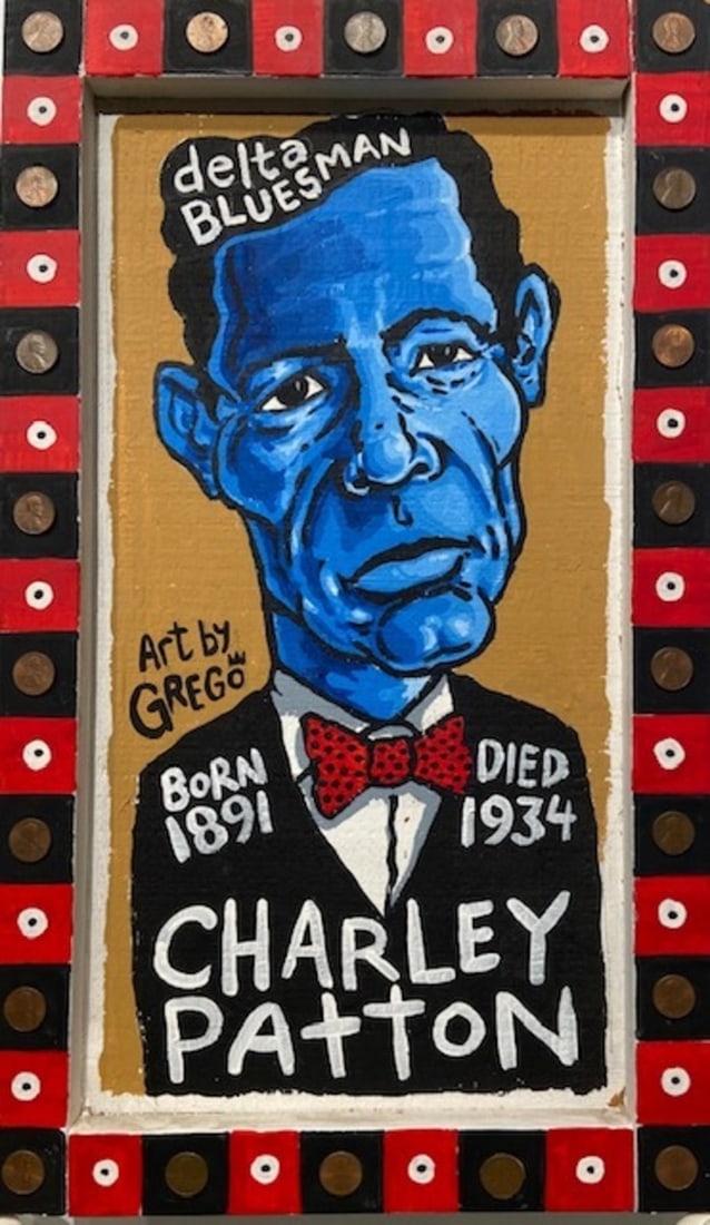 Folk Art - Grego Anderson "Charley Patton" Signed Orig Acrylic: Offered here is an original Original Acrylic on Wood by Grego Anderson: "Folk Art - Grego Anderson "Charley Patton" Signed Orig Acrylic". This one-of-a-kind piece, measuring 22 x 13 x 2 inch, is a rar