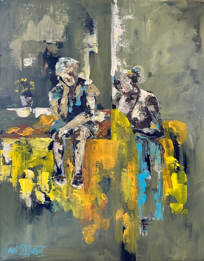 Madi Salehi "Figures In Green and Gold" Original acrylic on canvas: Offered here is an original Original acrylic on canvas by Madi Salehi: "Madi Salehi "Figures In Green and Gold" Original acrylic on canvas". This one-of-a-kind piece, measuring 16 x 20 inch, is a