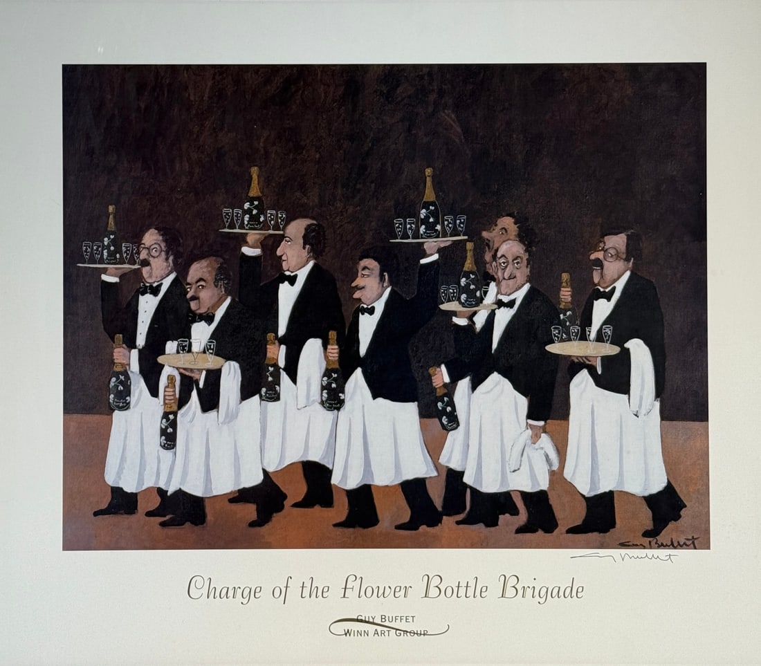 Guy Buffet "Charge of the Flower Bottle Brigade" Signed Lithograph: Presenting a Lithograph on Paper by Guy Buffet: "Guy Buffet "Charge of the Flower Bottle Brigade" Signed Lithograph". This work, measuring 29 x 34 x 2 inch, is available now at auction on LiveAuctione