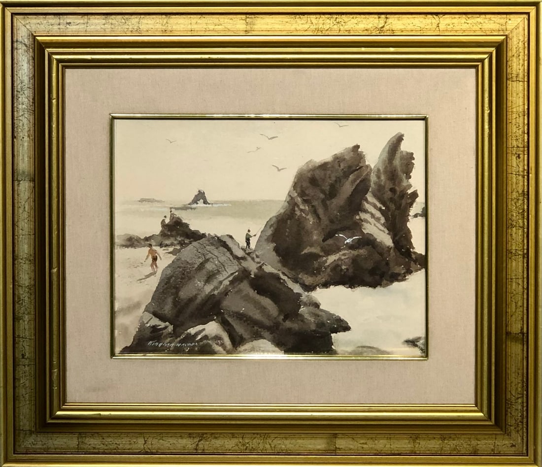 Charles Kinghan "Day at the Beach - Corona Del Mar" (1940) Signed Original Watercolor: Offered here is an original Watercolor on Paper by Charles Kinghan: "Charles Kinghan "Day at the Beach - Corona Del Mar" (1940) Signed Original Watercolor". This one-of-a-kind piece, measuring 17 x 20