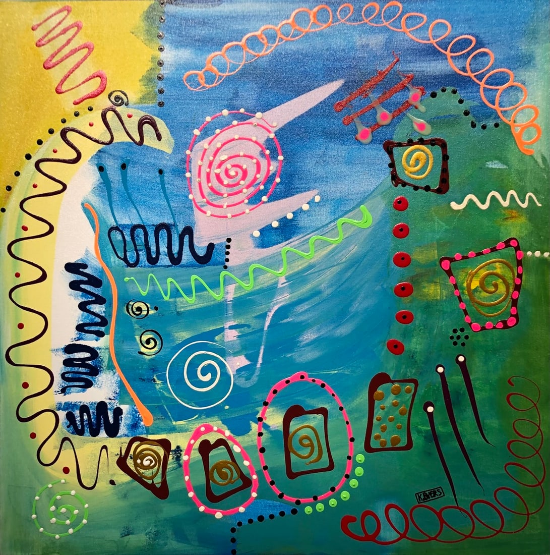 Kimm Byers "Riding New Roller Skates" Signed Original: Offered here is an original Acrylic on Canvas by Kimm Byers: "Kimm Byers "Riding New Roller Skates" Signed Original". This one-of-a-kind piece, measuring 36 x 36 x 2 inch, is a rare opportunity for co