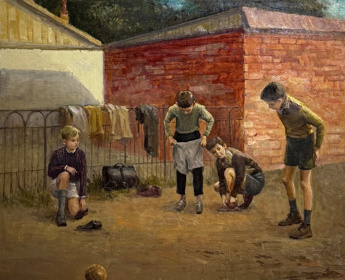 Anatoly Belokonny (Untitled) Original Oil Boys Getting Dressed To Play: Offered here is an original Original Oil on Canvas by Anatoly Belokonny: "Anatoly Belokonny (Untitled) Original Oil Boys Getting Dressed To Play". This one-of-a-kind piece, measuring 24 x 30 x 1 inch,