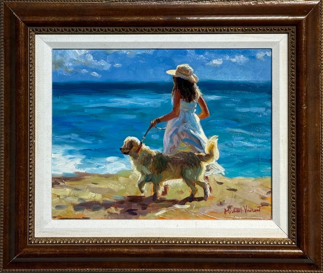 Michael Vincent Original "Late Afternoon Walk": Offered here is an original Original Oil on Canvas by Michael Vincent: "Michael Vincent Original "Late Afternoon Walk"". This one-of-a-kind piece, measuring 17 x 20 x 2 inch, is a rare opportunity for