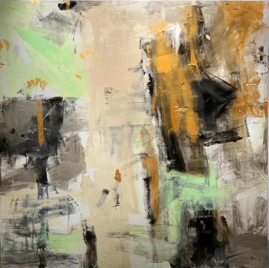 Jorn Fox Abstract Signed Original Oil and Acrylic: Offered here is an original Original Oil and Acrylic on Canvas with 1 1/2" Museum Bars by Jorn Fox: "Jorn Fox Abstract Signed Original Oil and Acrylic". This one-of-a-kind piece, measuring 60 x 60 x 2