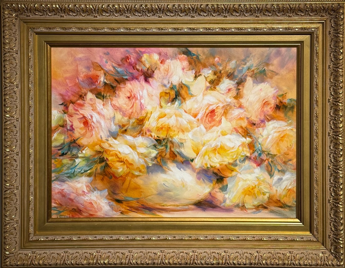 Untitled Floral original oil: Offered here is an original Original Oil on Canvas by Vladimir Babich: "Untitled Floral original oil". This one-of-a-kind piece, measuring 29 x 37 x 3 inch, is a rare opportunity for collectors to acq