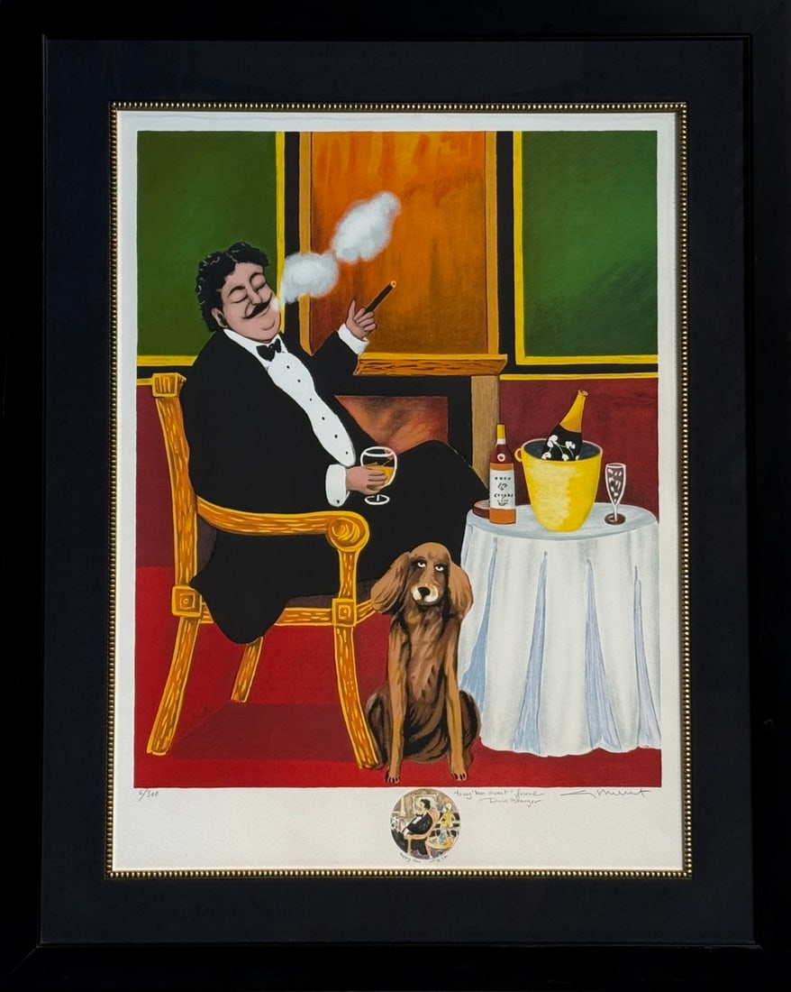 Guy Buffet "Man's Best Friend" Signed Serigraph LE (with rare Remark of "A Happy Man"): Presenting a limited edition Serigraph on Paper by Guy Buffet: "Guy Buffet "Man's Best Friend" Signed Serigraph LE (with rare Remark of "A Happy Man")". This Serigraph on Paper (Edition: 5/300), measu