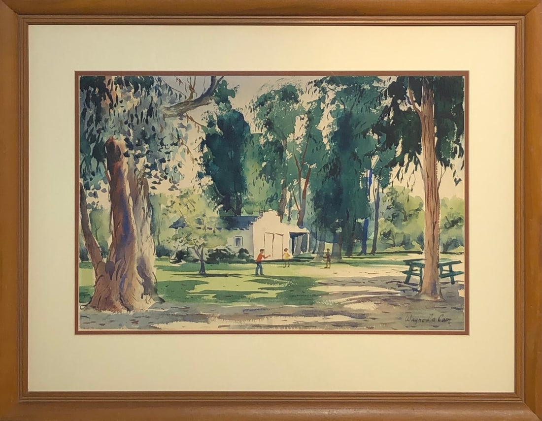 Ralph Baker (Park Iandscape) Signed Original Watercolor: Offered here is an original Watercolor on Paper by Wayne La Com: "Ralph Baker (Park Iandscape) Signed Original Watercolor". This one-of-a-kind piece, measuring 24 x 30 x 2 inch, is a rare opportunity 