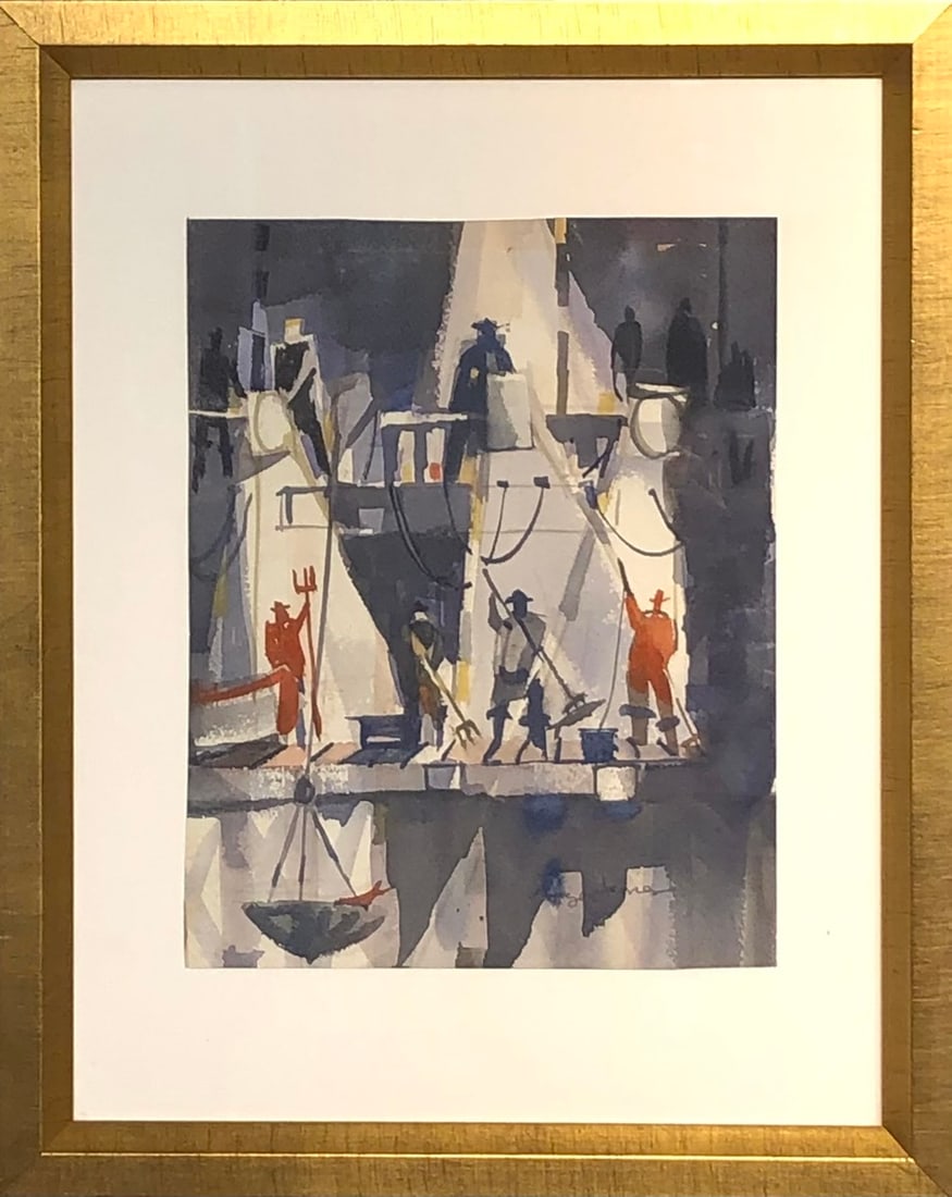 George James "Night Fishing" Signed Original Watercolor (Newport Beach 1957) (1 of 7)
