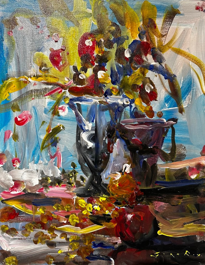Jorn Fox "Two Vases of Wld Flowers" Impressionist Signed Oil and Acrylic on Board: Offered here is an original Acrylic on Canvas Board by Jorn Fox: "Jorn Fox "Two Vases of Wld Flowers" Impressionist Signed Oil and Acrylic on Board". This one-of-a-kind piece, measuring 16 x 20 inch, 