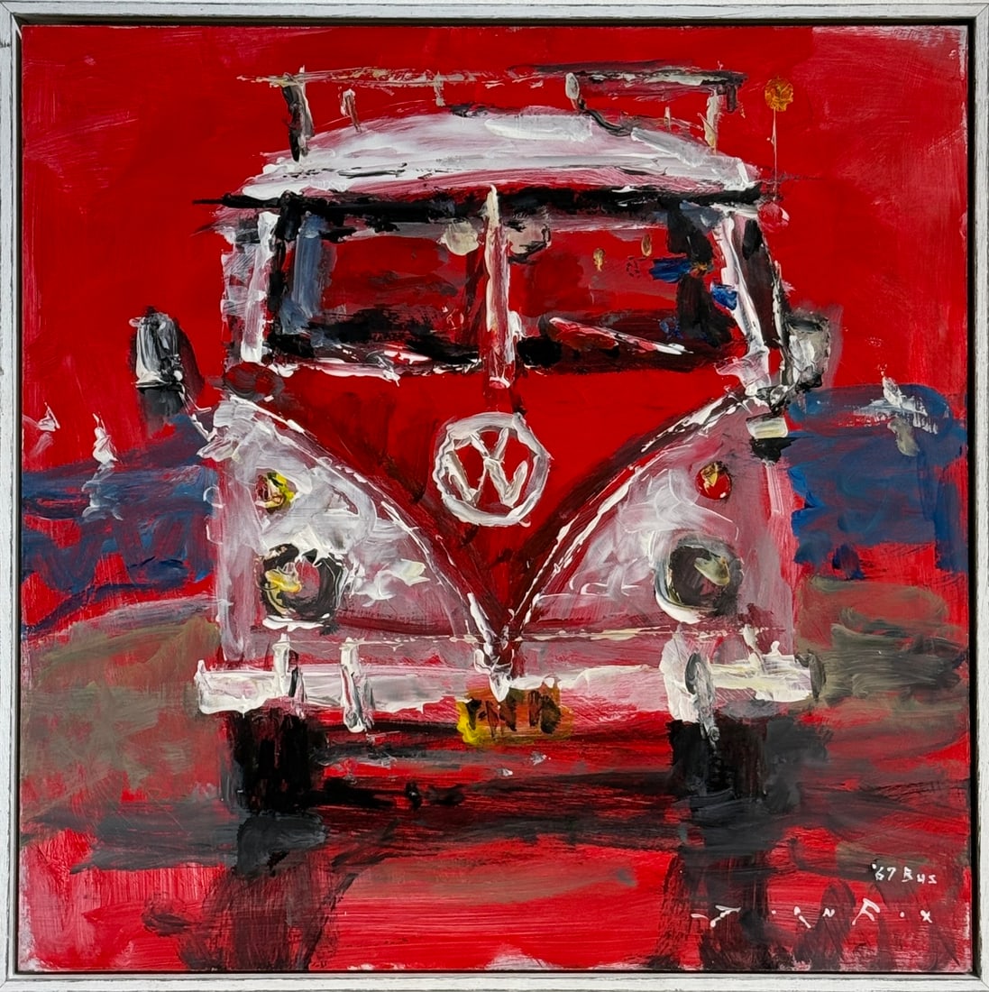 Jorn Fox ('67 Bus) Signed Original: Offered here is an original Acrylic on Board by Jorn Fox: "Jorn Fox ('67 Bus) Signed Original". This one-of-a-kind piece, measuring 25 x 25 x 2 inch, is a rare opportunity for collectors to acquire an