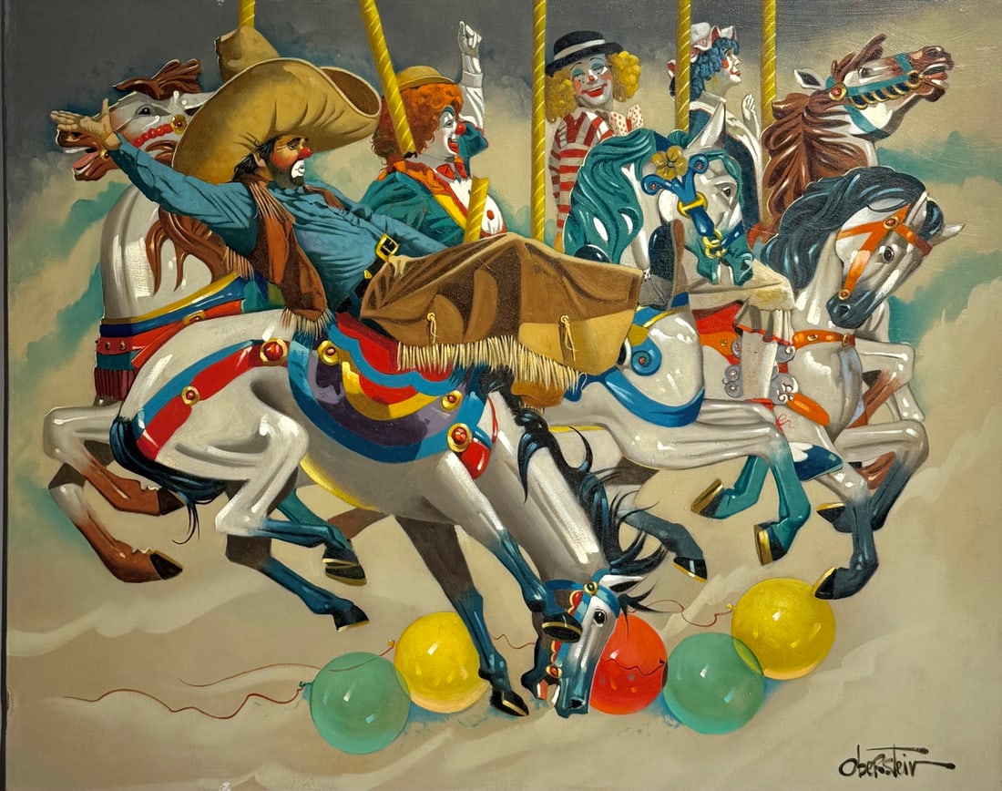 Chuck Oberstein "Cowboy Carousel" Signed Original Oil: Offered here is an original Oil on Canvas by Chuck Oberstein: "Chuck Oberstein "Cowboy Carousel" Signed Original Oil". This one-of-a-kind piece, measuring 24 x 30 x 1 inch, is a rare opportunity for c