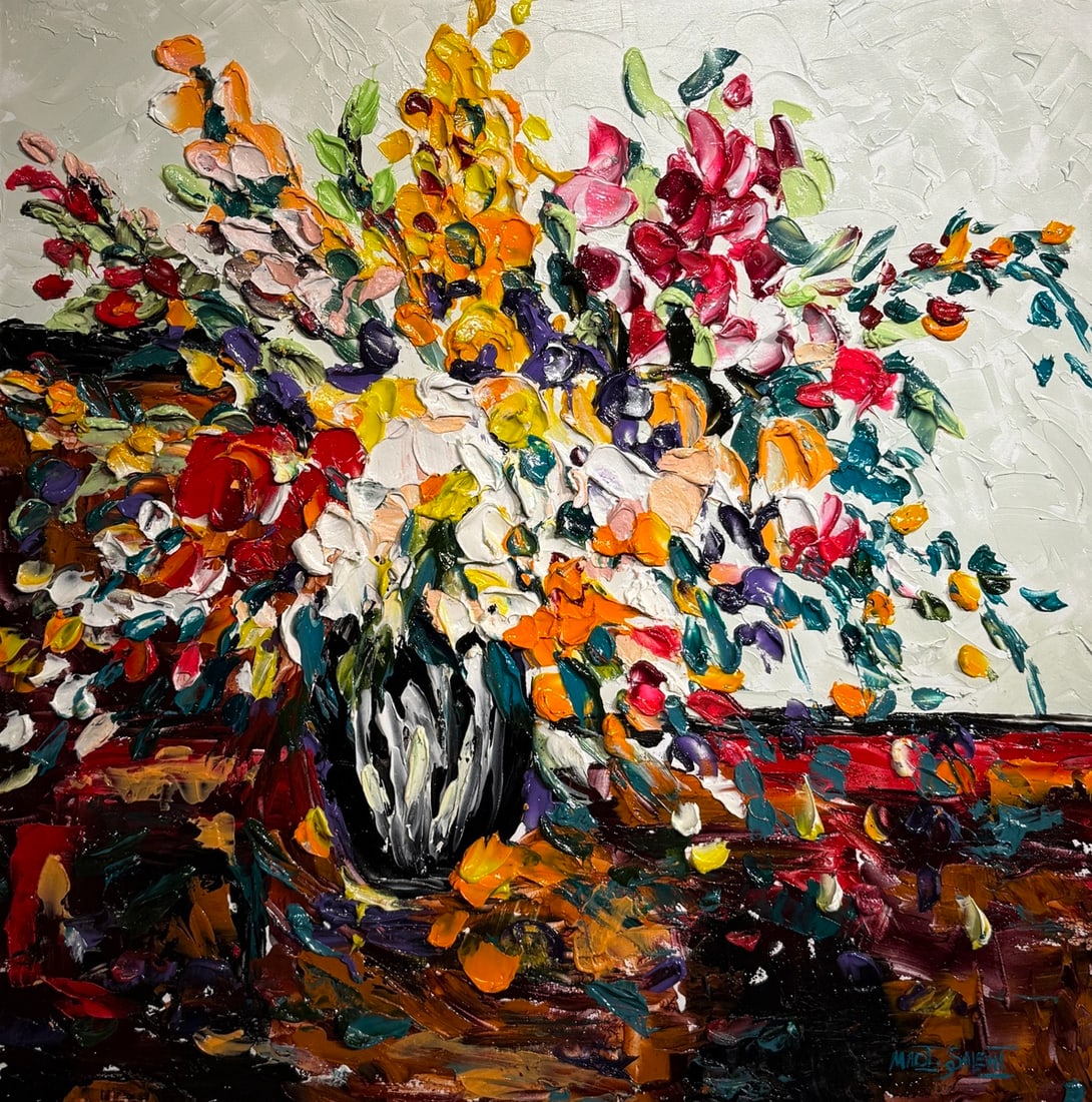 Madi Salehi "La Grande Fleur" Original oil on canvas: Offered here is an original Original oil on canvas by Madi Salehi: "Madi Salehi "La Grande Fleur" Original oil on canvas". This one-of-a-kind piece, measuring 36 x 36 x 1 inch, is a rare opportunity