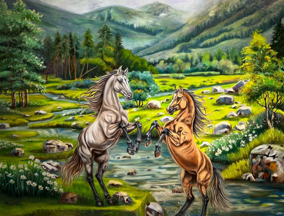 Sovereigns Of The Valley (dueling horses): Presenting this Madi Salehi Original Acrylic on Canvas: "Sovereigns Of The Valley (dueling horses)". This piece, measuring 36 x 48 x 1 inch, is available at auction on LiveAuctioneers. Artist: Madi
