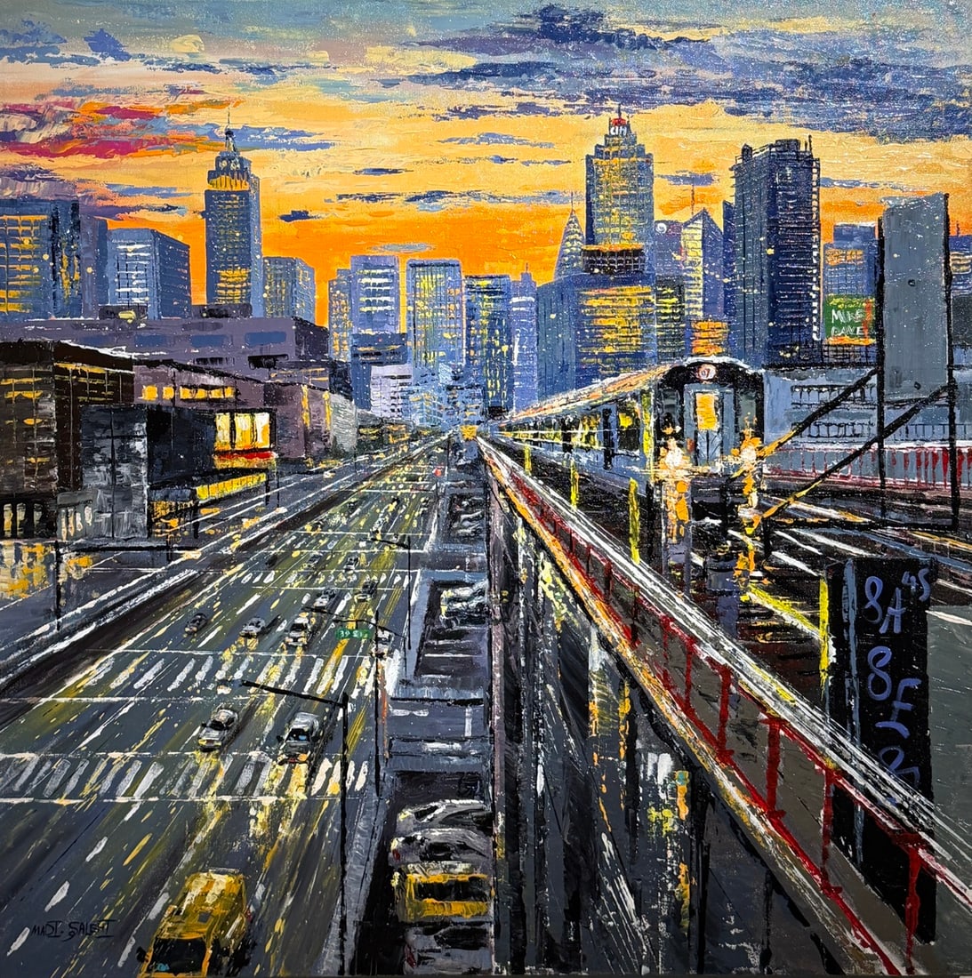 Madi Salehi "City Silhouettes" Original (New York City Subway): Offered here is an original Original acrylic on canvas by Madi Salehi: "Madi Salehi "City Silhouettes" Original (New York City Subway)". This one-of-a-kind piece, measuring 36 x 36 x 2 inch, is a rare