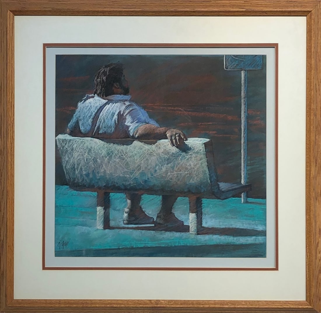 Jorn Fox "Bus Stop" Signed Original Pastel: Offered here is an original Pastel on Paper by Jorn Fox: "Jorn Fox "Bus Stop" Signed Original Pastel". This one-of-a-kind piece, measuring 28 x 29 x 2 inch, is a rare opportunity for collectors to acq