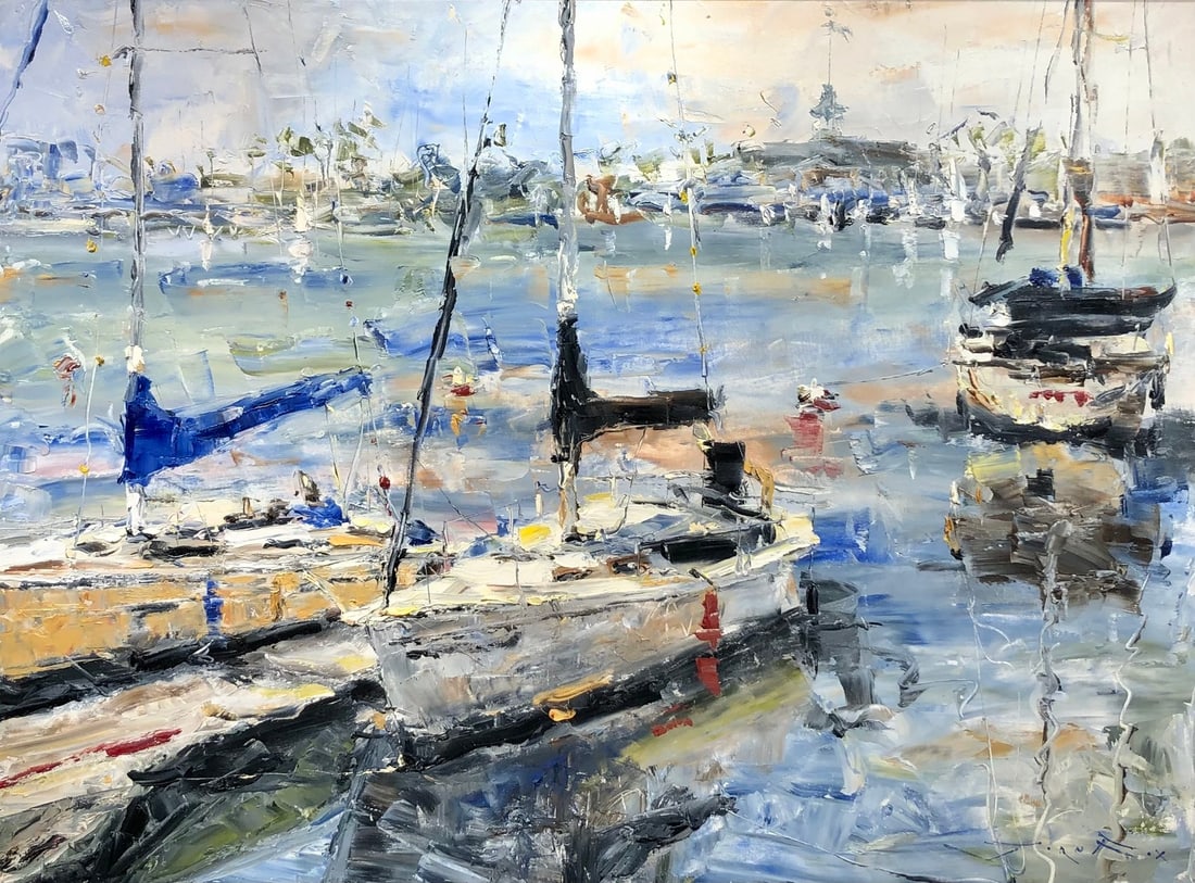 Jorn Fox (Harbor View) Signed Original Oil on Canvas: Offered here is an original Oil on Canvas by Jorn Fox: "Jorn Fox (Harbor View) Signed Original Oil on Canvas". This one-of-a-kind piece, measuring 40 x 50 x 2 inch, is a rare opportunity for collector