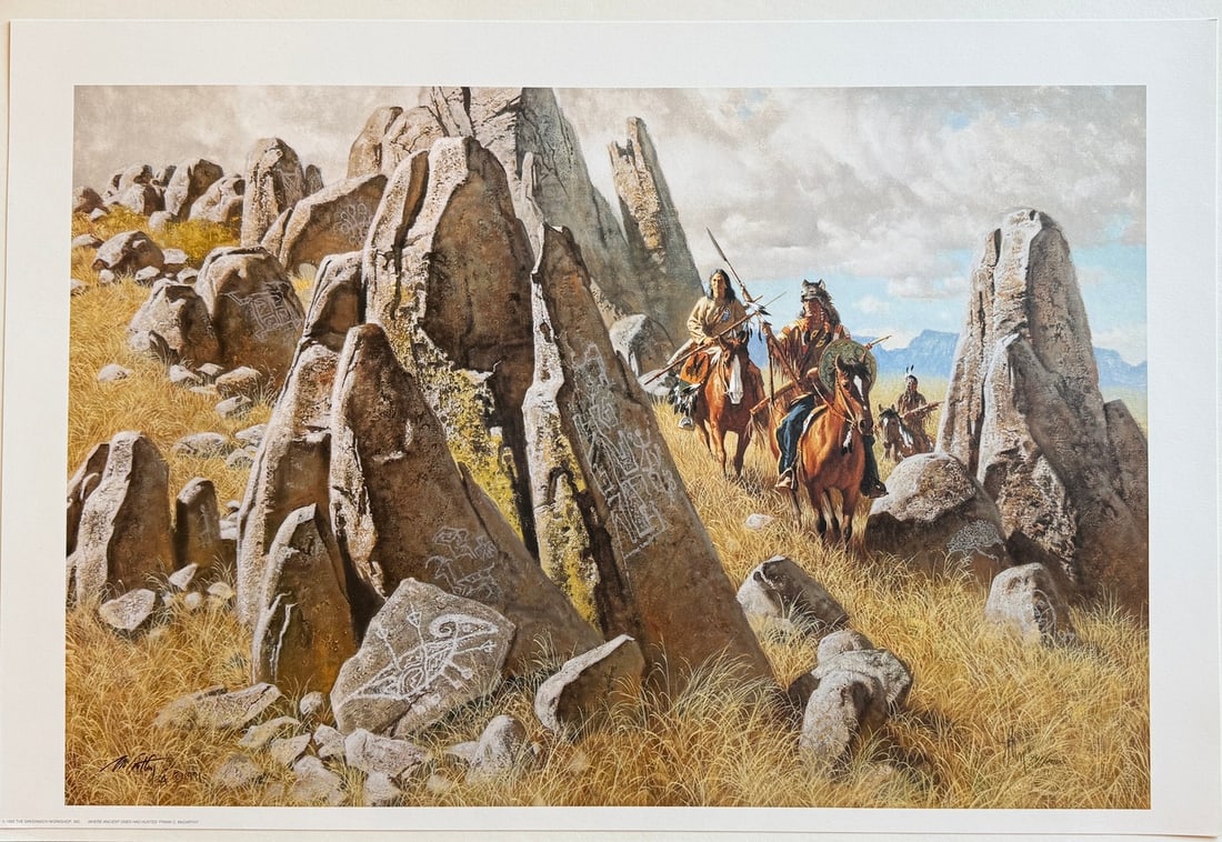 Frank McCarthy S/N Lithograph "Where Ancient Ones Had Hunted": Presenting a limited edition Lithograph on Paper by Frank McCarthy: "Frank McCarthy S/N Lithograph "Where Ancient Ones Had Hunted"". This Lithograph on Paper (Edition: 941/1000), measuring 18 x 27 x 1