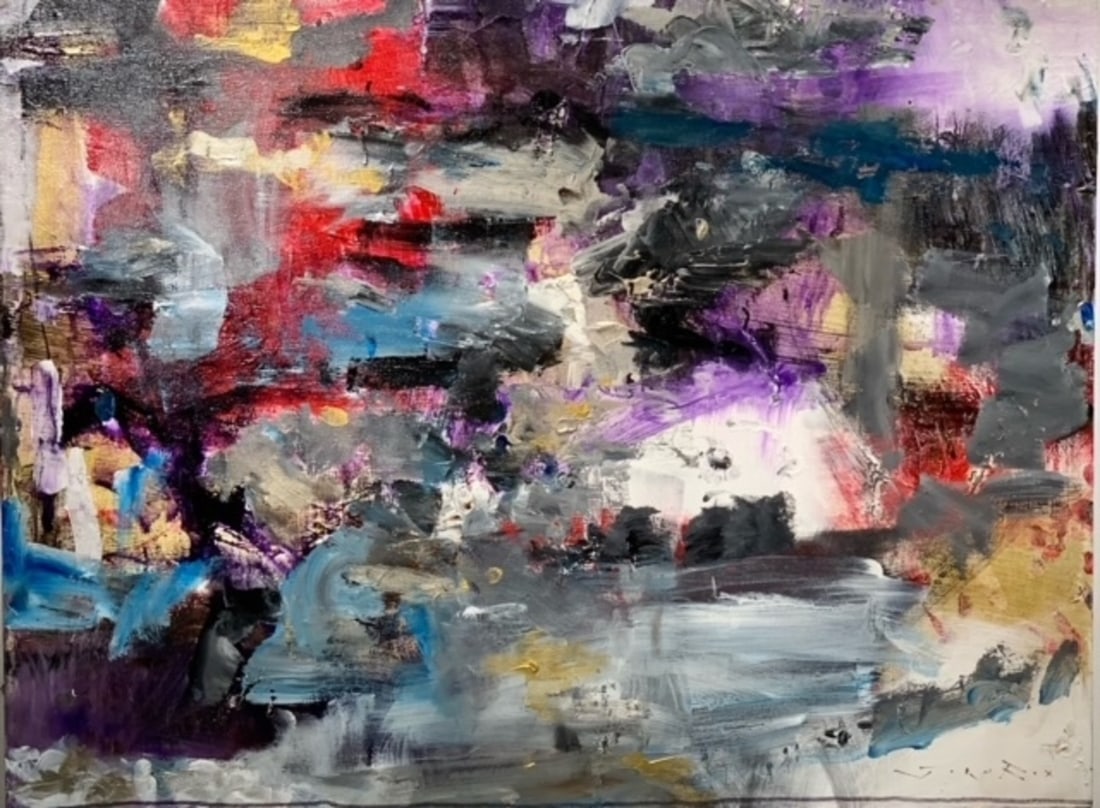 Jorn Fox Abstract Signed Original Oil and Acrylic: Offered here is an original Original Oil and Acrylic on Canvas with 1 1/2" Museum Bars by Jorn Fox: "Jorn Fox Abstract Signed Original Oil and Acrylic". This one-of-a-kind piece, measuring 30 x 40 x