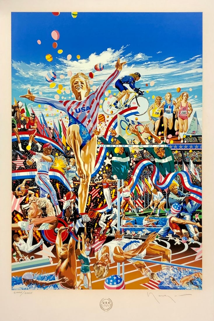 Hiro Yamagata "Summer Olympic Games" Signed Seriograph LE: Presenting a limited edition Serigraph on Paper by Hiro Yamagata: "Hiro Yamagata "Summer Olympic Games" Signed Seriograph LE". This Serigraph on Paper (Edition: CXXV/CXCV), measuring 33 x 22 x 1 inch,
