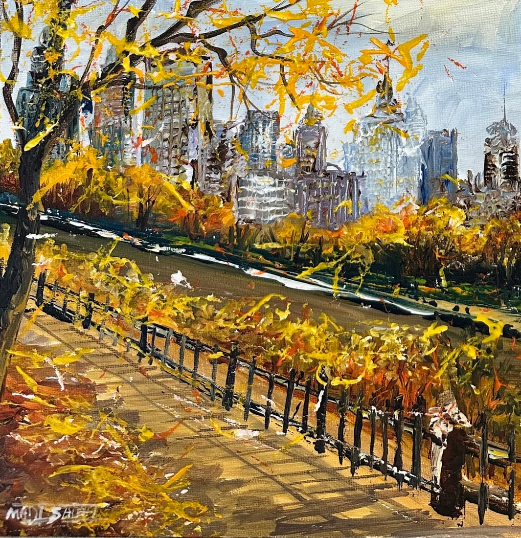 Madi Salehi "Cityscape" acrylic on canvas board: Offered here is an original Original acrylic on canvas board by Madi Salehi: "Madi Salehi "Cityscape" acrylic on canvas board". This one-of-a-kind piece, measuring 10 x 10 inch, is a rare opportunity