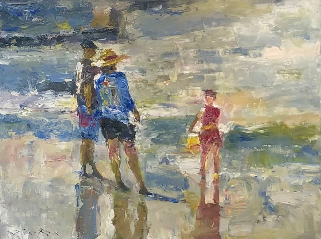 Jorn Fox "Family of 3 at the Beach" Signed Original Oil: Offered here is an original Oil on Canvas by Jorn Fox: "Jorn Fox "Family of 3 at the Beach" Signed Original Oil". This one-of-a-kind piece, measuring 18 x 24 x 2 inch, is a rare opportunity for collec