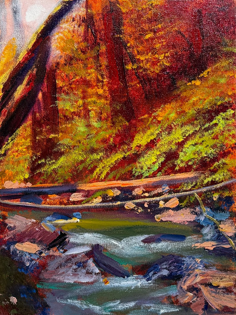 David Lloyd Glover "Creek Crossing" Signed Original Acrylic: Offered here is an original Acrylic on Canvas by David Lloyd Glover: "David Lloyd Glover "Creek Crossing" Signed Original Acrylic". This one-of-a-kind piece, measuring 12 x 9 x 1 inch, is a rare oppor