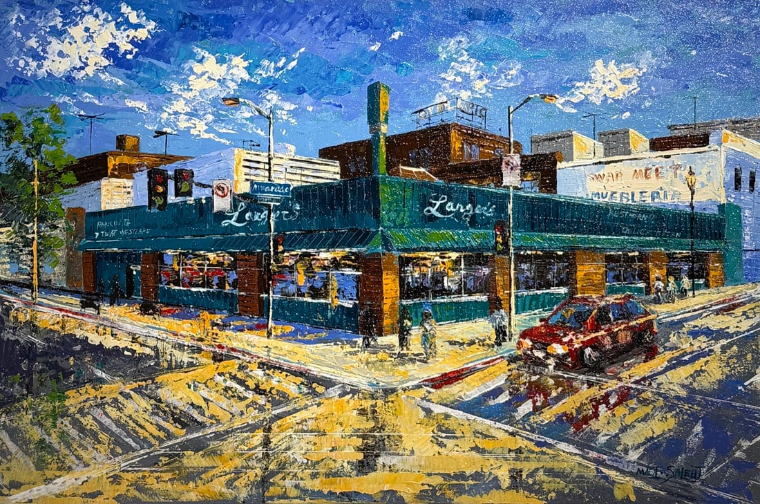 Madi Salehi "Langer's" Original On Canvas - Delicatessen Established in Los Ageles1947: Offered here is an original Original Acrylic on Canvas by Madi Salehi: "Madi Salehi "Langer's" Original On Canvas - Delicatessen Established in Los Ageles1947". This one-of-a-kind piece, measuring 24