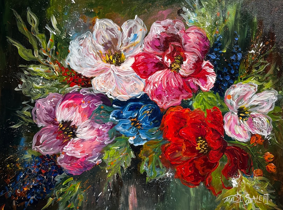 Madi Salehi (Untitled - Floral) Signed Original Acrylic: Offered here is an original Acrylic on Canvas by Madi Salehi: "Madi Salehi (Untitled - Floral) Signed Original Acrylic". This one-of-a-kind piece, measuring 30 x 40 x 1 inch, is a rare opportunity for