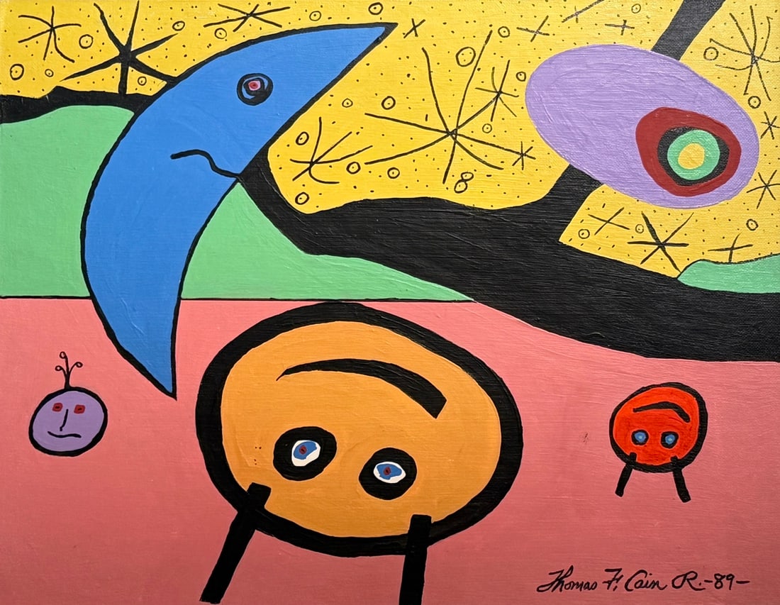 Thomas F. Cain Original On paper "Blue Moon And The Night Dancer II" 1989 Whimsical/Surreal/Abstract: Offered here is an original Original acrylic on canvas board by Thomas F. Cain: "Thomas F. Cain Original On paper "Blue Moon And The Night Dancer II" 1989 Whimsical/Surreal/Abstract". This