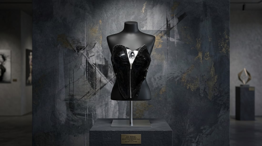 Mercedes Brunelli "Unzipped" CorsArt Corset, Hand Painted Eye-Acrylic Paint, Swarovski: Offered here is an original Sculpture by Mercedes Brunelli: "Mercedes Brunelli "Unzipped" CorsArt Corset, Hand Painted Eye-Acrylic Paint, Swarovski". This one-of-a-kind piece, measuring 15 x 9 x 0