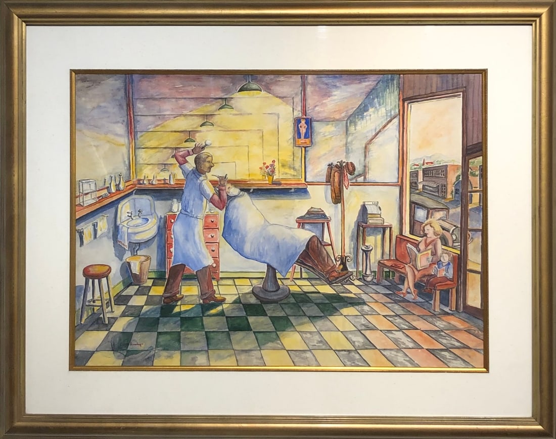 Elmer Stanhope "Barber Shop" Signed Original Watercolor: Offered here is an original Watercolor on Paper by Elmer Stanhope: "Elmer Stanhope "Barber Shop" Signed Original Watercolor". This one-of-a-kind piece, measuring 32 x 41 x 2 inch, is a rare opportunit