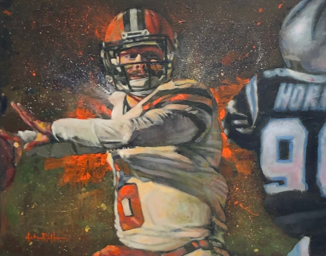 Unknown Artist (Baker Mayfield, Cleveland Browns) Signed Embellished Giclee: Presenting a Embellished Giclee on Canvas by Unknown: "Unknown Artist (Baker Mayfield, Cleveland Browns) Signed Embellished Giclee". This work, measuring 31 x 37 x 2 inch, is available now at auction 