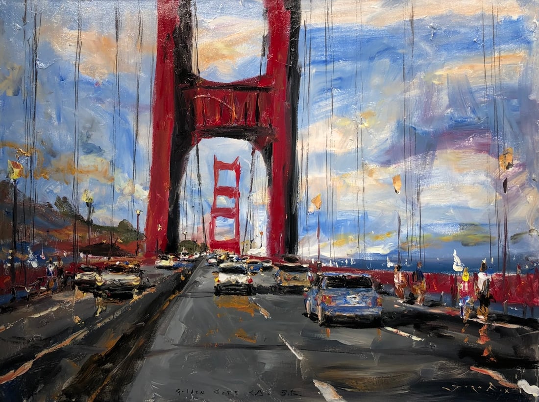 Jorn Fox (Golden Gate Bridge) Signed Original Acrylic: Offered here is an original Acrylic on Canvas by Jorn Fox: "Jorn Fox (Golden Gate Bridge) Signed Original Acrylic". This one-of-a-kind piece, measuring 30 x 40 x 2 inch, is a rare opportunity for coll