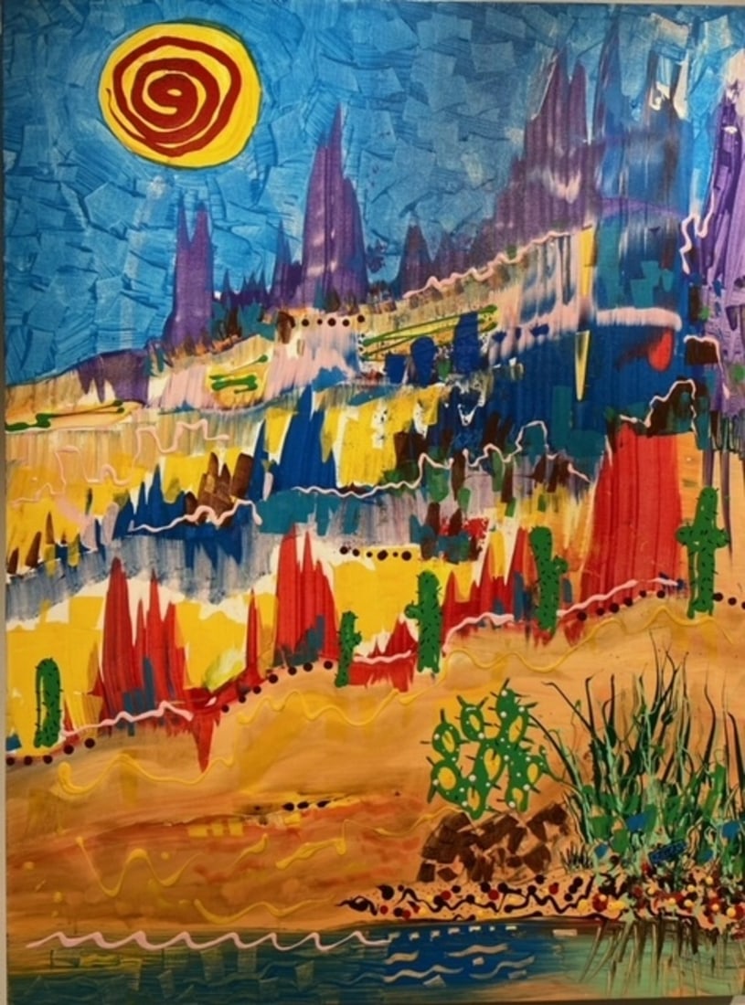 Kimm Byers "Love the Desert" Signed Original: Offered here is an original Acrylic on Canvas by Kimm Byers: "Kimm Byers "Love the Desert" Signed Original". This one-of-a-kind piece, measuring 48 x 36 x 2 inch, is a rare opportunity for collectors