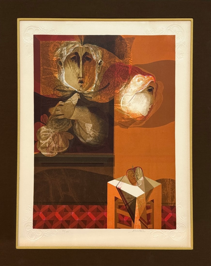 Sunol Alvar "Cantos Ceremoniales" Signed Serigraph LE: Presenting a limited edition Serigraph w/Embossing on Paper by Sunol Alvar: "Sunol Alvar "Cantos Ceremoniales" Signed Serigraph LE". This Serigraph w/Embossing on Paper (Edition: 84/185), measuring 28